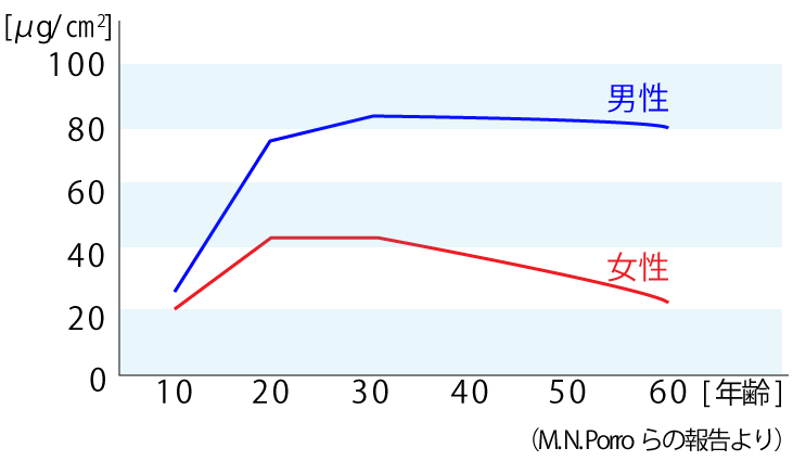 年齢と皮脂分泌量の関係のグラフ